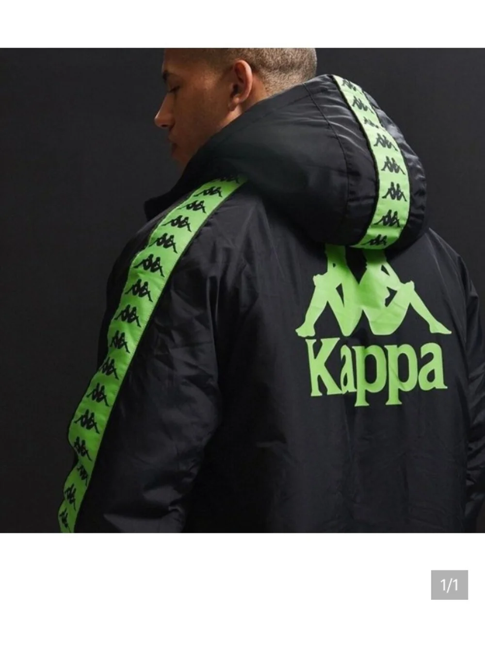 Kappa Black Hooded Puffer Coat with Neon Green Logo Tape